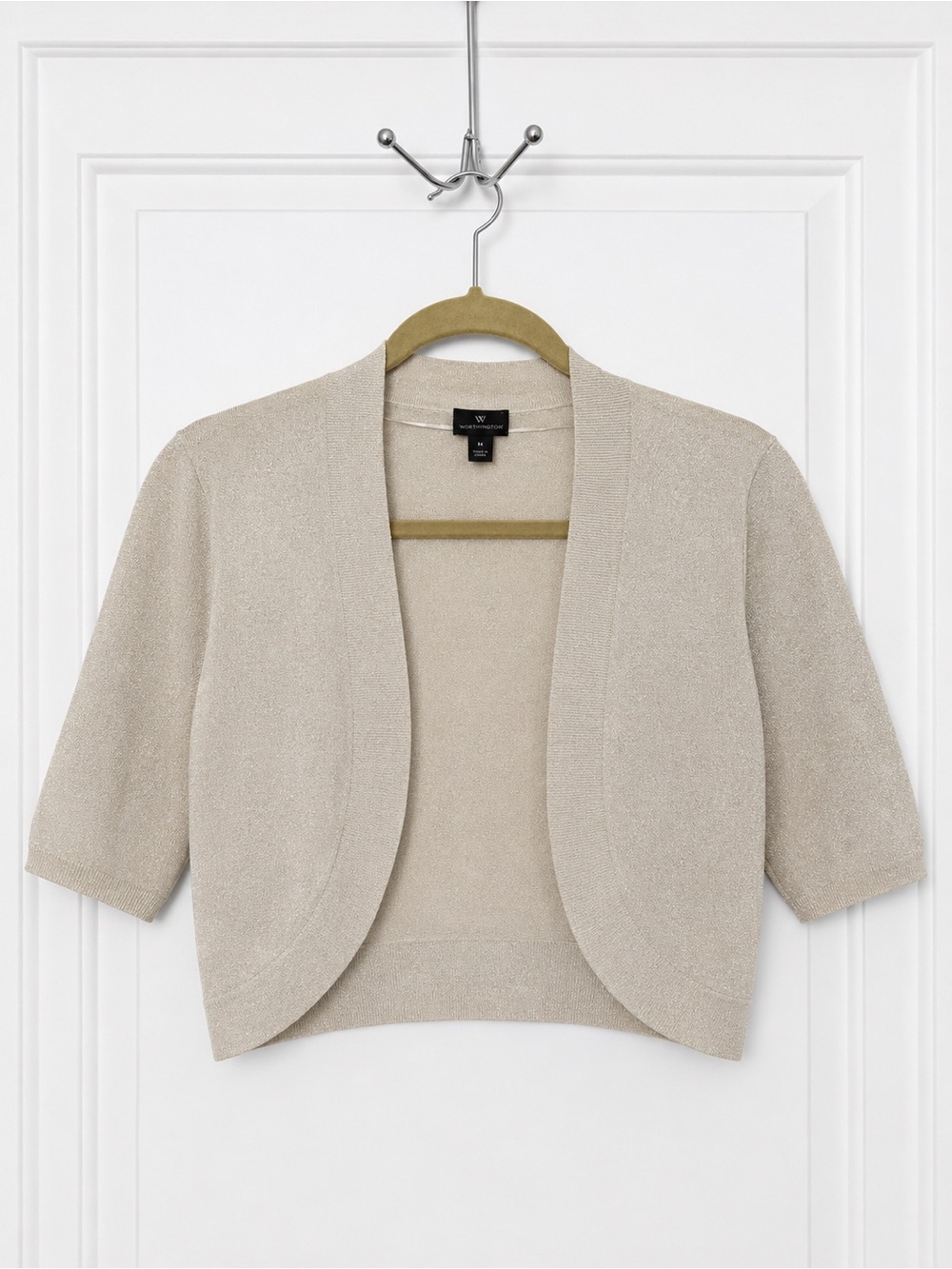 Worthington Metallic Open-Front Cropped Cardigan in Beige